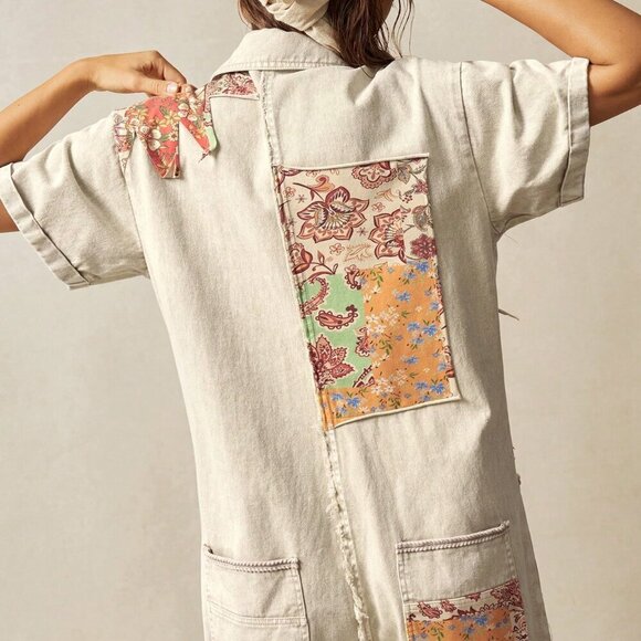 Khaki Casual Women's Boho Western Cowgirl Style Floral Patchwork Jumpsuit - Picture 3 of 7